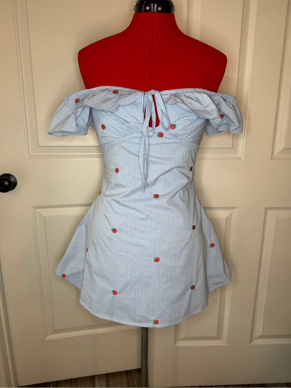 Peppermayo Off Shoulder Blue White Strawberry Mini Short Dress Women Sz 4